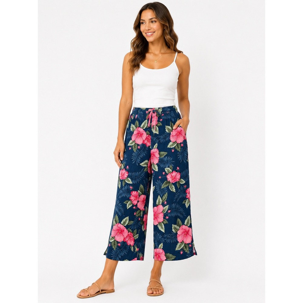 Caribbean Joe Blue Hibiscus Floral Wide Leg Crop Pants XL Rayon
